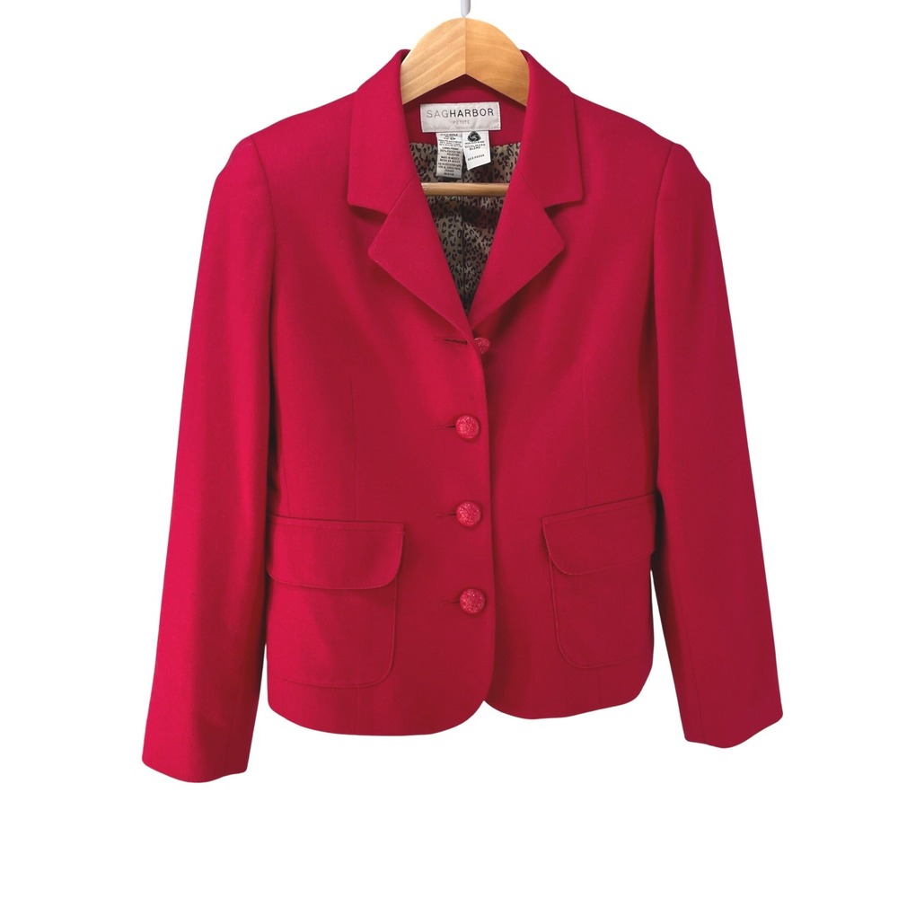 Sag Harbor Petite Red Wool Blend Blazer Jacket Leopard Lining H52134 Mens 6P